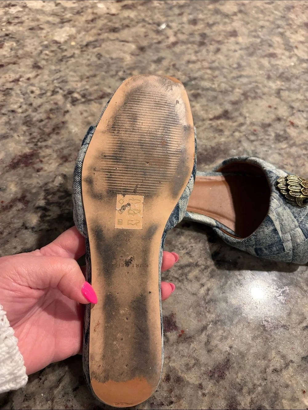 Kurt Geiger Quilted Denim Slide Mules with Gold Emblem